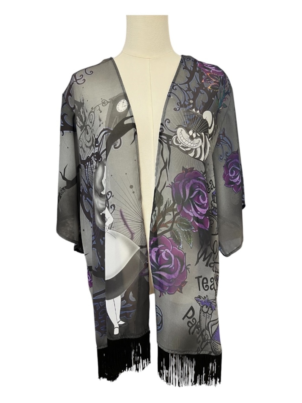 EUC+ Disney Alice in Wonderland Mad Tea Party Fringe Kimono | Size S
